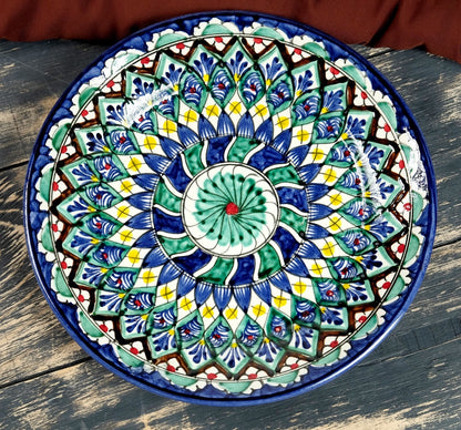 Uzbekiškas lėkštė-liaganas „Rištano keramika“ | 28 cm, Mėlynas ornamentas