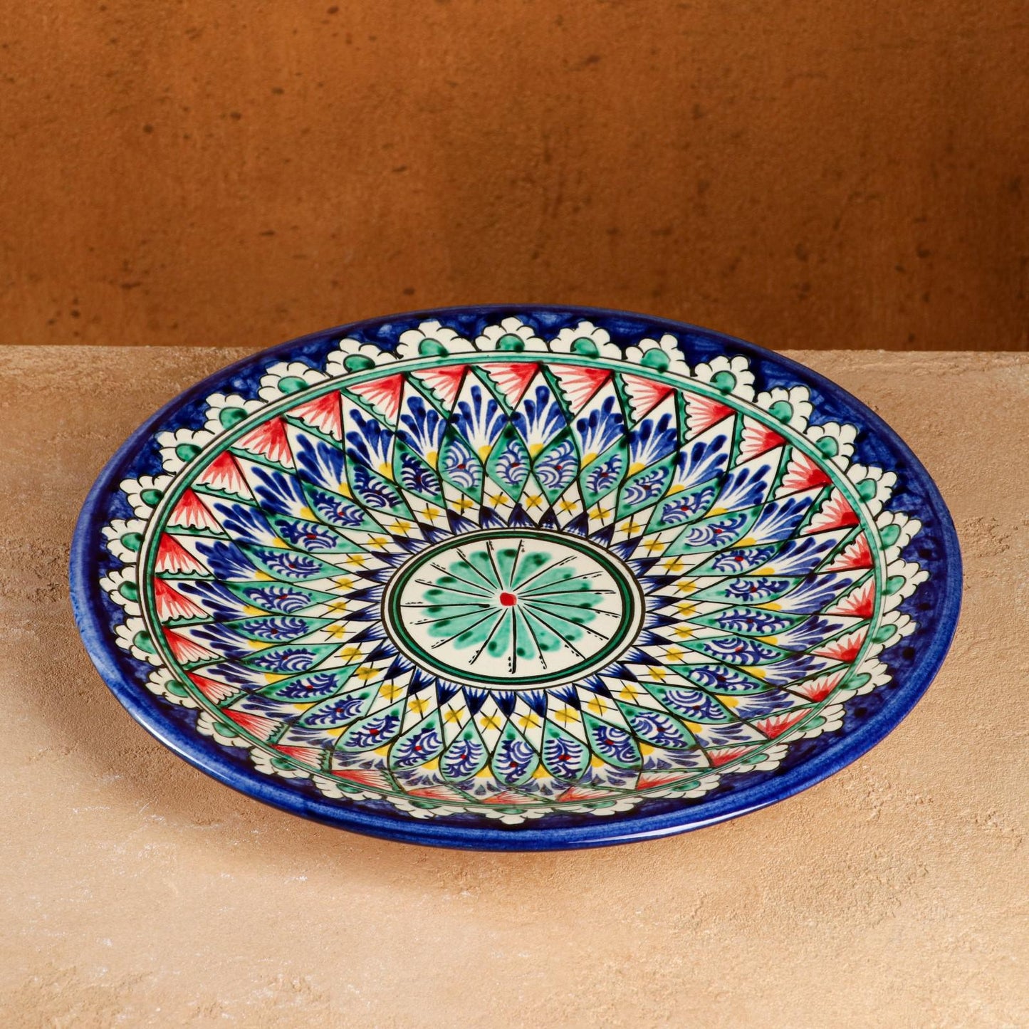Uzbekiškas lėkštė-liaganas „Rištano keramika“ | 28 cm, Mėlynas ornamentas