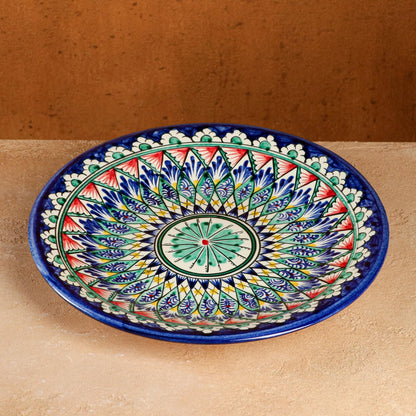 Uzbekiškas lėkštė-liaganas „Rištano keramika“ | 28 cm, Mėlynas ornamentas