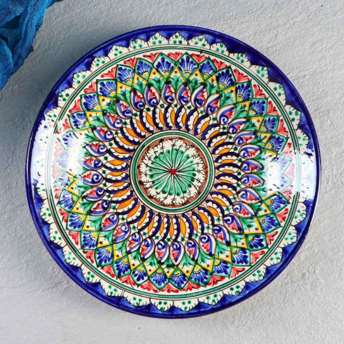 Uzbekiškas lėkštė-liaganas „Rištano keramika“ | 28 cm, Mėlynas ornamentas