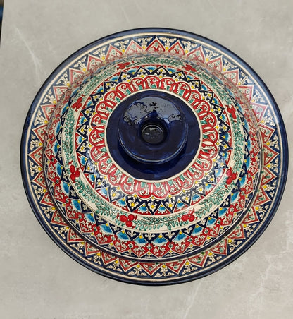 Raudonai mėlynas keramikinis indas su dangčiu (lėganas) 42 cm