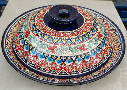 Raudonai mėlynas keramikinis indas su dangčiu (lėganas) 42 cm