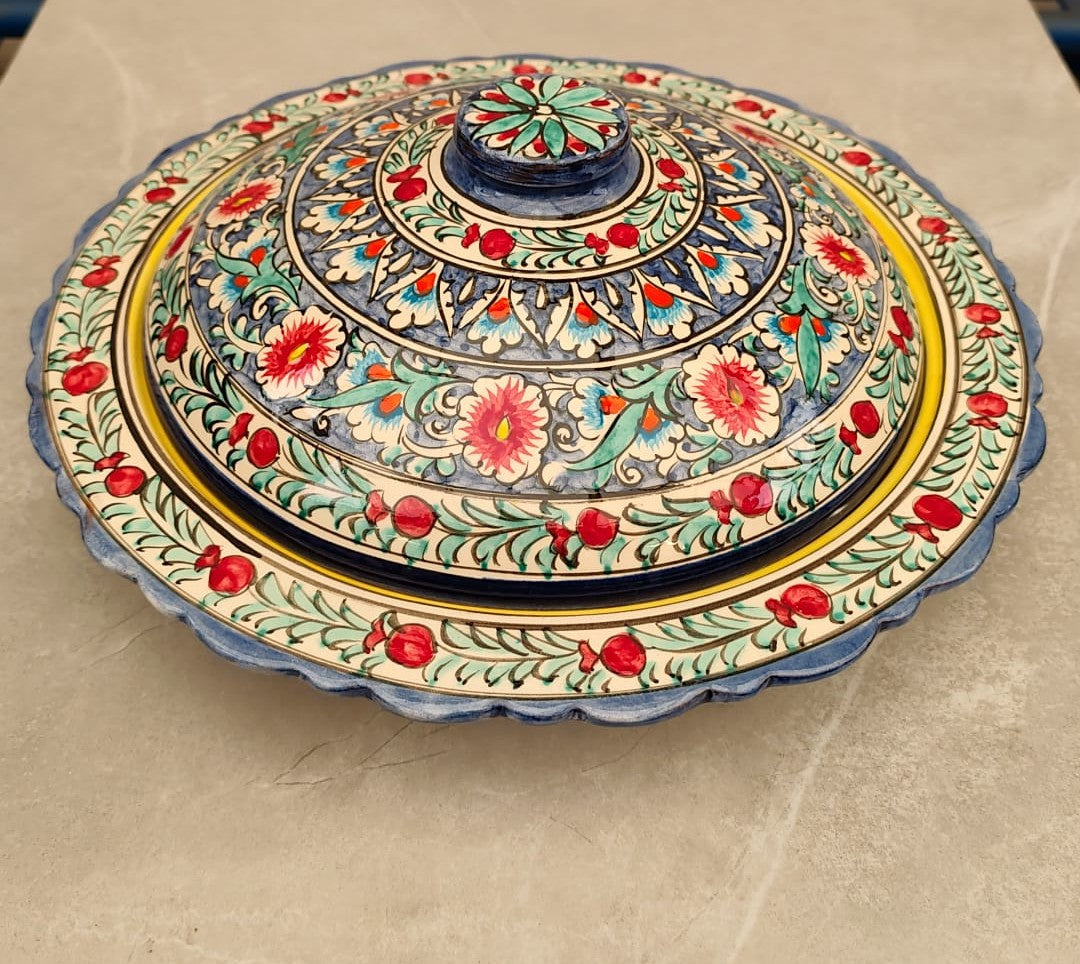Geltonai mėlynas keramikinis indas su dangčiu (lėganas) 38 cm