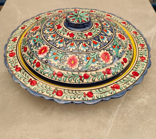 Geltonai mėlynas keramikinis indas su dangčiu (lėganas) 38 cm