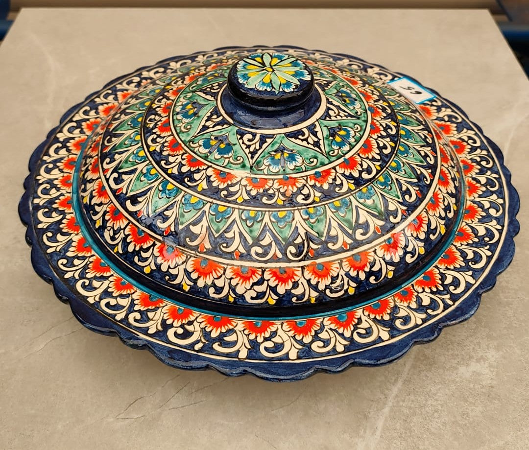 Geltonai mėlynas keramikinis indas su dangčiu (lėganas) 38 cm