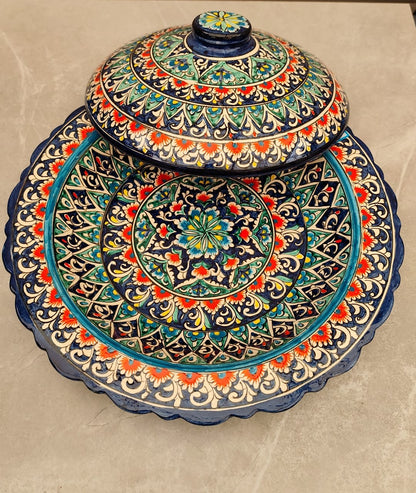 Geltonai mėlynas keramikinis indas su dangčiu (lėganas) 38 cm