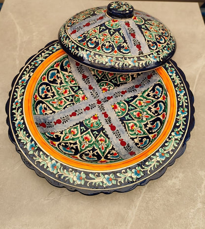 Mėlynai žalias keramikinis indas su dangčiu (lėganas) 38 cm